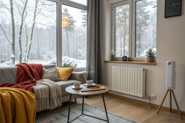 Wohnzimmer im Winter mit geöffnetem Fenster, Heizung und Hygrometer – richtig lüften und heizen für ein gesundes Raumklima.