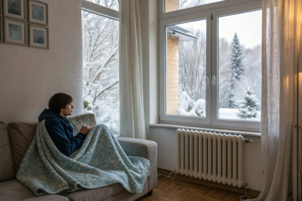 Wohnzimmer im Winter mit gekipptem Fenster und blockiertem Heizkörper – typische Fehler beim Lüften und Heizen veranschaulicht.